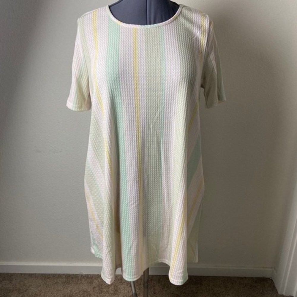 Miss 2 Day Short Sleeve Pockets Textured Olive Stripe T-Shirt Dresses